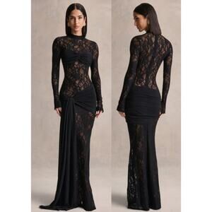NWT Club L London Akira Lace Maxi Dress With Sash-Detail Black Women's US 8